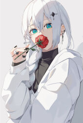 Rule 34 | 1girl, black nails, black shirt, blue eyes, commentary request, covering own mouth, earrings, flower, grey background, hair ornament, highres, holding, holding flower, hood, hooded jacket, jacket, jewelry, leaning back, long hair, looking at viewer, multiple earrings, multiple rings, nail polish, original, red flower, red rose, ring, rose, shadow, shirt, signature, simple background, upper body, white hair, white jacket, yagi (shiro yagi)