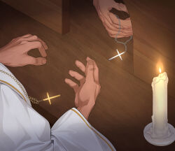 Rule 34 | 2boys, candle, cassock, confessional, cross, cross necklace, holding, holding jewelry, holding necklace, indoors, jewelry, jjanda, latin cross, long sleeves, multiple boys, necklace, priest, wide sleeves