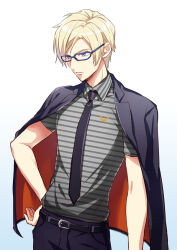 Rule 34 | 1boy, a3!, belt, belt buckle, black belt, black jacket, black necktie, blonde hair, blue-framed eyewear, buckle, closed mouth, collared shirt, commentary request, frown, furuichi sakyou, glasses, grey shirt, hand on own hip, jacket, jacket on shoulders, lapels, male focus, mole, mole under eye, necktie, parted bangs, polo shirt, purple eyes, serious, shirt, shirt tucked in, short hair, sidelocks, simple background, solo, striped clothes, striped shirt, tayu (canary-san), two-sided fabric, two-sided jacket, v-shaped eyebrows, white background, wing collar
