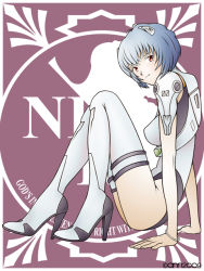 Rule 34 | 1girl, adapted costume, ann yosh, artist name, ayanami rei, bad id, bad pixiv id, blue hair, boots, breasts, dated, english text, from side, full body, head tilt, high heel boots, high heels, knees up, legs, leotard, light smile, logo, looking at viewer, looking back, neon genesis evangelion, nerv, plugsuit, purple background, red eyes, shoes, short hair, sitting, smile, solo, thighhighs, white footwear, white thighhighs
