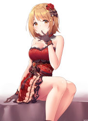 Rule 34 | 1girl, absurdres, arjent, bare shoulders, black gloves, black ribbon, blush, breasts, brown eyes, cleavage, closed mouth, detached collar, fishnet gloves, fishnets, flower, gloves, hair flower, hair ornament, highres, idolmaster, idolmaster cinderella girls, idolmaster cinderella girls starlight stage, jewelry, large breasts, legs, mimura kanako, necklace, orange hair, red flower, red rose, red skirt, ribbon, rose, short hair, simple background, sitting, skirt, smile, solo, white background