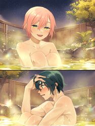 Rule 34 | 1boy, 1girl, black hair, blush, collarbone, commentary request, embarrassed, eyelashes, hair between eyes, highres, jack jeanne, justice0916, light particles, looking at viewer, night, night sky, nude, onsen, open mouth, outdoors, partially submerged, pink hair, short hair, sky, smile, sparkle, star (sky), starry sky, steam, sweat, tachibana kisa, upper body, water, wide-eyed, yonaga soushirou