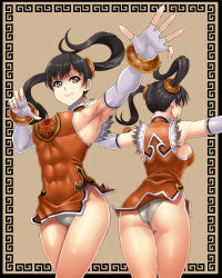 Rule 34 | 1girl, abs, ass, back, black hair, bracelet, chinese clothes, dress, elbow gloves, fighting stance, fingerless gloves, gloves, grey eyes, hair ornament, highres, impossible clothes, jewelry, ling xiaoyu, orange shirt, panties, shirt, short dress, sleeveless, smile, syunzou, tekken, thigh gap, tight dress, twintails, underwear, white panties