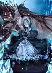 Rule 34 | 1girl, alternate costume, bad id, bad pixiv id, boots, capelet, crescent, dragon, dress, fang, female focus, frills, gothic lolita, hair ornament, lolita fashion, long hair, patchouli knowledge, purple eyes, purple hair, silentdin, solo, touhou, yellow eyes