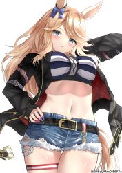 Rule 34 | 1girl, absurdres, animal ears, arm behind head, arm up, bandeau, belt, black belt, black jacket, blonde hair, blue eyes, blue nails, blush, bow, breasts, chain, commentary request, cowboy shot, cutoffs, denim, denim shorts, ear bow, from below, gold chain, gold city (umamusume), groin, hands up, highres, horse ears, horse girl, horse tail, jacket, large breasts, long hair, long sleeves, looking at viewer, midriff, multicolored nails, nail polish, navel, open clothes, open jacket, parted lips, red nails, shorts, sidelocks, simple background, skindentation, solo, standing, striped bandeau, swept bangs, tail, thigh gap, thigh strap, twitter username, umamusume, white background, yamano rokamizu, zipper, zipper pull tab