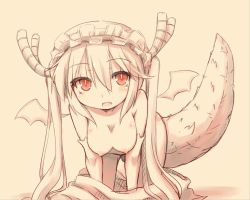 Rule 34 | 10s, 1girl, breasts, cleavage, collarbone, dragon girl, dragon horns, dragon tail, dragon wings, fang, gloves, hanging breasts, head tilt, horns, kobayashi-san chi no maidragon, large tail, looking at viewer, maid headdress, medium breasts, monochrome, nipples, nude, open mouth, red eyes, sketch, slit pupils, solo, spot color, tail, tohru (maidragon), wings, yoshi (crossmind)
