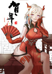 Rule 34 | 1girl, absurdres, alternate costume, arknights, bad id, bad pixiv id, braid, breasts, china dress, chinese clothes, chinese commentary, commentary, dress, english commentary, feet out of frame, folding fan, hand fan, hand on own cheek, hand on own face, highres, holding, holding fan, horns, jewelry, licking lips, long hair, mixed-language commentary, multicolored hair, nian (arknights), pelvic curtain, pointy ears, ponytail, purple eyes, red hair, side slit, silver hair, sin (sintrybest), sitting, solo, streaked hair, tongue, tongue out