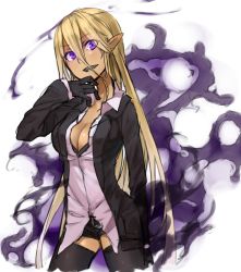 Rule 34 | 1girl, :d, blonde hair, breasts, character request, cleavage, collarbone, contrapposto, ganesagi, gloves, glowing, glowing eyes, large breasts, long hair, long sleeves, looking at viewer, open mouth, original, pointy ears, purple eyes, sharp teeth, smile, solo, standing, teeth, thighhighs, zettai ryouiki