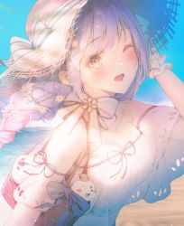 Rule 34 | 1girl, animal, bag, bare shoulders, beach, blue bow, blue ribbon, blue sky, bow, braid, braided ponytail, breasts, cleavage, collarbone, commentary, commission, english text, hair between eyes, hair ornament, handbag, hat, heart, highres, looking at viewer, lower teeth only, medium breasts, ocean, off shoulder, one eye closed, open mouth, original, outdoors, patch oxxo, pink eyes, purple hair, ribbon, sand, sky, solo, straw hat, teeth, tongue, upper body, upper teeth only, white bow