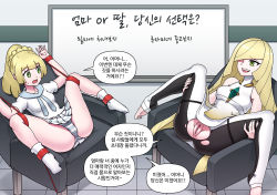 Rule 34 | 2girls, blonde hair, censored, creatures (company), feet, game freak, green eyes, highres, legs, lillie (pokemon), long hair, lusamine (pokemon), maggea22, mother and daughter, multiple girls, nintendo, panties, pokemon, pokemon sm, pussy, restrained, smile, spread legs, striped clothes, striped panties, teeth, torn clothes, translation request, underwear