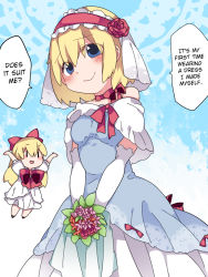 Rule 34 | 1girl, alice margatroid, alternate costume, arms up, bare shoulders, blonde hair, blue eyes, blue wedding dress, bouquet, bow, breasts, bridal gauntlets, bridal veil, capelet, doll, dress, flower, hair bow, hairband, hammer (sunset beach), hard-translated, holding, holding bouquet, looking at viewer, matching shanghai, medium breasts, ribbon, rose, shanghai doll, short hair, smile, third-party edit, touhou, translated, veil, wedding dress, white dress, | |