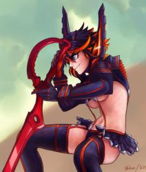 Rule 34 | 10s, 1girl, bad id, bad pixiv id, black hair, blue eyes, boots, breasts, elbow gloves, female focus, gloves, hairpods, kill la kill, matoi ryuuko, microskirt, multicolored hair, outdoors, over shoulder, red hair, scissor blade (kill la kill), senketsu, skirt, smile, solo, suspenders, tasselcat, thigh boots, thighhighs, two-tone hair, underboob, weapon, weapon over shoulder