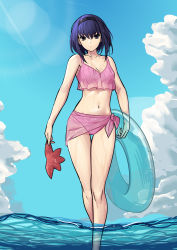 Rule 34 | 1girl, absurdres, alternate costume, bikini, black dress, black hair, black hairband, blue sky, breasts, cleavage, cloud, collarbone, commentary request, cqqz0707, day, dress, hair between eyes, hairband, highres, holding, holding swim ring, innertube, kuonji alice, looking at viewer, mahou tsukai no yoru, navel, ocean, outdoors, partially submerged, pink bikini, pink sarong, sarong, see-through, short hair, sky, small breasts, solo, stomach, sunlight, swim ring, swimsuit, water, wet, wet hair