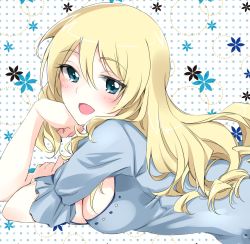 Rule 34 | 10s, 1girl, alternate hairstyle, arm grab, blue shirt, blush, breasts, circle, cleavage, commentary request, darjeeling (girls und panzer), girls und panzer, hair down, head rest, highres, hinase (twoxout), long hair, looking at viewer, lying, medium breasts, on stomach, open mouth, polka dot, polka dot background, shirt, short sleeves, smile, solo