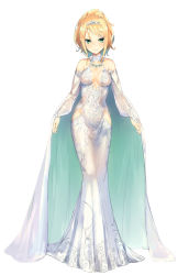 Rule 34 | 1girl, arms at sides, bare shoulders, blonde hair, blush, breasts, cape, cleavage, cleavage cutout, clothing cutout, collarbone, dress, full body, gem, green eyes, hip vent, isegawa yasutaka, long hair, medium breasts, original, ponytail, simple background, sleeveless, sleeveless dress, solo, standing, tiara, tsurime, v arms, white background, white cape, white dress