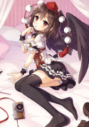 Rule 34 | 1girl, alternative facts in eastern utopia, arm support, ass, bed, black hair, black ribbon, black skirt, black thighhighs, black wings, blouse, blush, breasts, bright pupils, camera, cleavage, curtains, feathered wings, floral print, frilled skirt, frills, full body, hat, highres, looking at viewer, medium breasts, miniskirt, neck ribbon, non-web source, nyanya, official art, panties, pantyshot, pillow, pom pom (clothes), puffy short sleeves, puffy sleeves, red eyes, ribbon, shameimaru aya, shirt, shoes, unworn shoes, short sleeves, sitting, skirt, solo, tengu, thighhighs, tokin hat, touhou, underwear, white panties, white pupils, white shirt, wings, wrist cuffs, yokozuwari