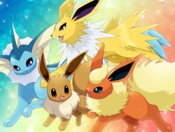 Rule 34 | :d, blue eyes, brown eyes, commentary, commentary request, creature, creatures (company), eevee, english commentary, eye contact, flareon, game freak, gen 1 pokemon, happy, jolteon, looking at another, maiko (mimi), nintendo, no humans, open mouth, pokemon, pokemon (creature), purple eyes, rainbow background, smile, spikes, vaporeon, walking