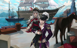 Rule 34 | 1boy, 1girl, barrel, blonde hair, blue sky, boots, cloud, crate, day, fire emblem, fire emblem fates, fire emblem heroes, grey hair, hat, high heels, highres, horse, imageprogram (kent), long hair, long sleeves, nintendo, official alternate costume, open mouth, outdoors, pirate costume, pirate hat, red eyes, ship, short hair, sky, thigh boots, thighhighs, veronica (fire emblem), water, watercraft, xander (fire emblem), xander (pirate) (fire emblem)