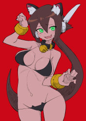 Rule 34 | 1girl, absurdres, aile (mega man zx), animal ears, bell, bikini, black bikini, black collar, blush, breasts, brown hair, buzzlyears, cat ears, collar, collarbone, fang, green eyes, highres, large breasts, long hair, mega man (series), mega man zx, mega man zx advent, navel, neck bell, nervous, paw pose, ponytail, red background, revealing clothes, robot ears, simple background, skin fang, solo, swimsuit