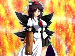 Rule 34 | 1girl, arm cannon, asymmetrical clothes, breasts, brown hair, fal (falketto), falketto, female focus, fusion, hat, heterochromia, if they mated, large breasts, red eyes, reiuji utsuho, shameimaru aya, short hair, solo, tokin hat, touhou, weapon, wings