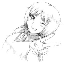 Rule 34 | 1girl, amagami, blunt bangs, blush, bob cut, breasts, close-up, commentary, dress shirt, dutch angle, graphite (medium), greyscale, hands up, hatching (texture), highres, kibito high school uniform, linear hatching, looking at viewer, messy hair, monochrome, one eye closed, parted lips, portrait, school uniform, shirt, short hair, small breasts, smirk, solo, surfing orange, sweater vest, tachibana miya, traditional media, v