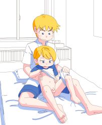 Rule 34 | 2boys, age difference, bed, blonde hair, blue eyes, blush, brothers, family, incest, male focus, multiple boys, penis, siblings, size difference, smile, tagme, testicles, undressing