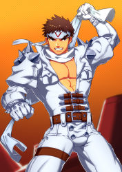 Rule 34 | 1boy, armored warriors, brown eyes, brown hair, bulge, capcom, crotch, cyberbots, gloves, headband, highres, looking at viewer, male focus, muscular, saotome jin, smile, solo, teeth