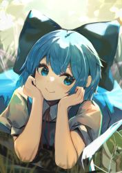 Rule 34 | 1girl, blue bow, blue dress, blue eyes, blue hair, blush, bow, cirno, dress, hair bow, highres, ice, ice wings, kurowa (curowa), looking at viewer, puffy short sleeves, puffy sleeves, shirt, short hair, short sleeves, smile, solo, touhou, white shirt, wings