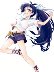 Rule 34 | 1girl, ankle lace-up, blue eyes, cross-laced footwear, ganaha hibiki, grin, idolmaster, idolmaster (classic), jewelry, leg up, long hair, midriff, mistrail, navel, necklace, ponytail, sandals, shorts, simple background, smile, solo, very long hair, white background, wind, wind lift