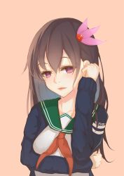 Rule 34 | 10s, 1girl, arm rest, blouse, blue jacket, breast hold, breasts, brown hair, crescent, crescent pin, foodtoyc, hair ornament, highres, jacket, kantai collection, kisaragi (kancolle), kisaragi kai ni (kancolle), lips, long hair, neckerchief, open mouth, pink background, purple eyes, ribbon, sailor collar, school uniform, serafuku, shirt, small breasts, smile, solo, upper body, white shirt