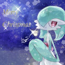 Rule 34 | 1girl, artist name, blue background, christmas, closed mouth, colored skin, creatures (company), cup, drink, drinking glass, female focus, flat chest, game freak, gardevoir, gen 3 pokemon, glint, green hair, green skin, hair over one eye, half-closed eyes, hands up, happy, highres, holding, holding drink, holding drinking glass, ingo (rizumu), looking to the side, medium hair, merry christmas, multicolored skin, nintendo, one eye covered, own hands together, pokemon, pokemon (creature), red eyes, signature, smile, solo, sparkle, standing, two-tone skin, upper body, white skin