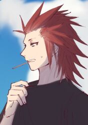 Rule 34 | 1boy, alternate costume, axel (kingdom hearts), biting, black shirt, cloud, cloudy sky, day, green eyes, kingdom hearts, lea (kingdom hearts), male focus, medium hair, nitoya 00630a, outdoors, popsicle stick, red hair, shirt, sky, solo, spiked hair, sweatdrop, t-shirt