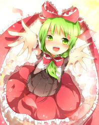 Rule 34 | 1girl, ao ringo, bow, dress, female focus, foreshortening, frilled dress, frills, from above, front ponytail, green eyes, green hair, hair bow, hair ribbon, highres, kagiyama hina, long hair, looking up, matching hair/eyes, open mouth, outstretched arms, outstretched hand, reaching, reaching towards viewer, ribbon, smile, solo, touhou, wrist cuffs