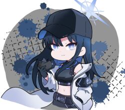 Rule 34 | 1girl, baseball cap, black gloves, black hat, blue archive, blue eyes, blue hair, breasts, chibi, closed mouth, commentary request, gloves, grey background, halo, hand in pocket, hand up, hat, holding, holding mask, jacket, long hair, long sleeves, looking at viewer, mask, medium breasts, midriff, mouth mask, navel, nyaru (nyaru 4126), off shoulder, open clothes, open jacket, paint splatter, saori (blue archive), smile, solo, two-tone background, unworn mask, very long hair, white background, white jacket