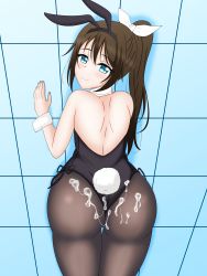 Rule 34 | 1girl, absurdres, animal ears, aqua eyes, artist name, artist request, bare shoulders, black leotard, blue eyes, blush, bow, breasts, brown hair, brown pantyhose, female focus, from behind, full body, hair between eyes, half updo, high ponytail, highres, indoors, leotard, long hair, looking at viewer, looking back, love live!, love live! nijigasaki high school idol club, osaka shizuku, pantyhose, parted lips, playboy bunny, ponytail, rabbit ears, rabbit tail, side-tie leotard, smile, solo, white bow, white wrist cuffs, wing collar, wrist cuffs