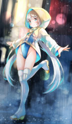 Rule 34 | 1girl, blue eyes, blue one-piece swimsuit, blurry, blurry background, boots, closed mouth, comah, covered navel, depth of field, full body, grey hair, groin, highleg, highleg swimsuit, highres, hood, hood up, hooded jacket, jacket, long sleeves, low twintails, one-piece swimsuit, original, rain, see-through, smile, solo, standing, standing on one leg, swimsuit, thigh boots, thighhighs, twintails, white footwear, white thighhighs, yellow jacket