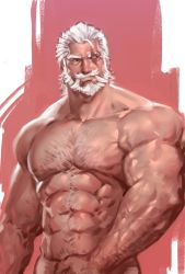 Rule 34 | 1boy, abs, arm hair, bara, beard, blind, chest hair, completely nude, covering privates, covering crotch, cowboy shot, dopey (dopq), facial hair, hair slicked back, highres, large pectorals, looking to the side, male focus, mature male, muscular, muscular male, mustache, navel, navel hair, nipples, nude, old, old man, overwatch, overwatch 1, pectorals, reinhardt (overwatch), scar, scar across eye, scar on face, short hair, solo, stomach, thick eyebrows, unfinished, veins, white hair