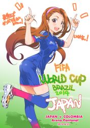 Rule 34 | 1girl, 2014 fifa world cup, adidas, ass, blush, brown hair, dated, hairband, highres, idolmaster, idolmaster (classic), inoue sora, japan, long hair, looking at viewer, minase iori, open mouth, red eyes, shorts, signature, smile, soccer, soccer uniform, solo, sportswear, thighhighs, thighs, world cup