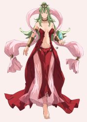 Rule 34 | 1girl, alternate costume, armlet, bare shoulders, barefoot, bracelet, breasts, closed mouth, collar, collarbone, commentary, cosplay, dragonstone, dress, earrings, english commentary, fire emblem, fire emblem awakening, fire emblem heroes, floating, floating object, full body, green eyes, green hair, grey background, hair between eyes, hair ornament, high ponytail, highres, jewelry, long hair, looking at viewer, medium breasts, naga (fire emblem), naga (fire emblem) (cosplay), navel, nintendo, open clothes, pelvic curtain, ponytail, red dress, revealing clothes, sakuremi, see-through, sidelocks, signature, simple background, sleeveless, sleeveless dress, smile, solo, stomach, tiki (adult) (fire emblem), tiki (fire emblem), toes