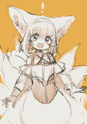 Rule 34 | !, 1girl, :d, animal ears, arknights, blush, dress, fox ears, fox girl, fox tail, hairband, highres, kitsune, kyuubi, looking at viewer, monochrome, multiple tails, niwatori (akira 207), open mouth, orange background, simple background, sketch, smile, suzuran (arknights), tail
