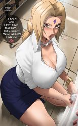 Rule 34 | 1girl, absurdres, blonde hair, blue skirt, blush, breasts, brown eyes, can, cleavage, collarbone, echo saber, english text, facial mark, forehead mark, highres, huge breasts, jewelry, lips, looking at viewer, mature female, naruto (series), necklace, open mouth, pearl necklace, pencil skirt, ponytail, shirt, sidelocks, skirt, speech bubble, thighs, tsunade (naruto), white shirt