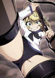 Rule 34 | 1girl, ahoge, arm up, ass, black one-piece swimsuit, blonde hair, blue eyes, blue one-piece swimsuit, brown thighhighs, cameltoe, cosplay, cowboy shot, crazy eyes, finger on trigger, from below, grin, gun, hair between eyes, hassen (8cm), holding, holding gun, holding weapon, long sleeves, looking at viewer, machine gun, midair, military, military uniform, miyafuji yoshika, miyafuji yoshika (cosplay), neckerchief, one-piece swimsuit, pov, pov crotch, school swimsuit, school uniform, shiny clothes, smile, solo, spread legs, strike witches, striker unit, swimsuit, swimsuit under clothes, tanya degurechaff, teeth, thighhighs, uniform, weapon, world witches series, youjo senki