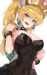 Rule 34 | 1girl, bare shoulders, black dress, blonde hair, blue eyes, blush, bowsette, bracelet, breasts, brooch, cleavage, collar, collarbone, covered navel, crown, dress, earrings, hair between eyes, hand on own hip, highres, horns, jewelry, large breasts, long hair, looking at viewer, mario (series), new super mario bros. u deluxe, nintendo, open mouth, ormille, ponytail, sharp teeth, simple background, solo, sparkle, spiked bracelet, spiked collar, spikes, super crown, tail, teeth, turtle shell, white background