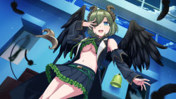 Rule 34 | 1girl, nanashi inc., :d, black skirt, black wings, breasts, detached sleeves, dutch angle, eyepatch, feathered wings, feathers, frills, hand up, highres, honey strap, horns, indoors, kisaragi hina, midriff, navel, open mouth, sekishiro mico, short hair, skirt, smile, underboob, virtual youtuber, window, wings