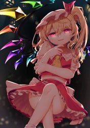 Rule 34 | 1girl, absurdres, ascot, blonde hair, blurry, blurry background, commentary request, convenient leg, crossed legs, crystal, dated, depth of field, fang, feet out of frame, finger to own chin, flandre scarlet, floating, glowing, glowing eyes, gunjou row, hair between eyes, hand on own elbow, hat, hat ribbon, head tilt, highres, midriff, mob cap, night, open mouth, outdoors, petticoat, pink hat, pink shirt, puffy short sleeves, puffy sleeves, red eyes, red skirt, red vest, revision, ribbon, shirt, short hair, short sleeves, side ponytail, signature, sitting, skirt, skirt set, slit pupils, solo, touhou, vest, wings, yellow ascot
