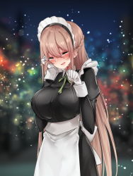 Rule 34 | 1girl, absurdres, blurry, blurry background, blush, braid, breasts, brown hair, closed eyes, cowboy shot, crying, da-maid-san wa aisaretai!, female focus, french braid, frills, gloves, hair between eyes, hands up, highres, large breasts, long hair, maid, maid headdress, nose blush, open mouth, original, osisio, sad, solo, standing, tears, white gloves
