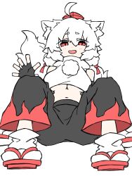 Rule 34 | 1girl, ahoge, animal ear fluff, animal ears, arm support, black gloves, breasts, commentary request, detached sleeves, fang, fingerless gloves, flame print, full body, fumomono, geta, gloves, hat, highres, inubashiri momiji, looking at viewer, midriff, navel, open mouth, pants, pom pom (clothes), red eyes, short hair, sitting, socks, solo, spread legs, tail, tokin hat, touhou, underboob, waving, white background, white hair, white socks, wolf ears, wolf girl, wolf tail