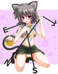 Rule 34 | 1girl, animal ears, basket, blush, capelet, dowsing rod, female focus, flat chest, grey hair, jewelry, looking at viewer, mouse (animal), mouse ears, mouse tail, nagana sayui, nazrin, no bra, panties, pantyshot, pendant, red eyes, short hair, skirt, solo, tail, topless, touhou, underwear, upskirt