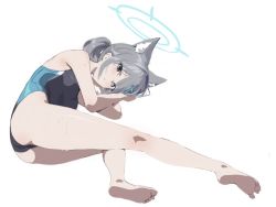 Rule 34 | 1girl, animal ear fluff, animal ears, ass, barefoot, black one-piece swimsuit, blue archive, blue eyes, breasts, cat ears, check commentary, commentary request, competition swimsuit, expressionless, extra ears, gesoking, grey hair, hair ornament, halo, highleg, highleg swimsuit, legs, looking at viewer, lying, one-piece swimsuit, shiroko (blue archive), small breasts, solo, swimsuit, thighs, twintails, wet