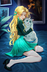Rule 34 | 1girl, absurdres, animal, animal hug, bed sheet, blonde hair, cassandra vole, cat, closed mouth, dress, earrings, from side, full body, gem, gloves, green dress, green eyes, green footwear, green gemstone, green jacket, green ribbon, hair behind ear, hand up, harry potter: magic awakened, harry potter (series), high heels, highres, indoors, jacket, jewelry, leaf, light particles, long hair, long sleeves, looking at viewer, louying061, night, on bed, painting (object), picture frame, plant, red lips, ribbon, sitting, thighhighs, wall, wariza, white gloves, white thighhighs, wizarding world